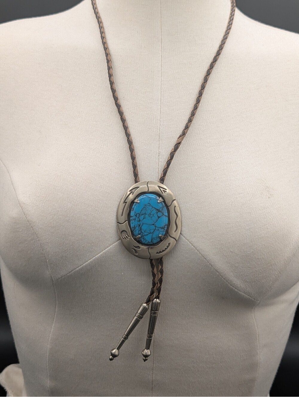 Vintage Bell Trading Post Turquoise Bolo Tie Silver Bell Southwest Bear Paw MCM
